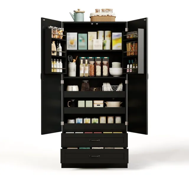 City long dragon LONG DRAGON - Hoge keukenkast - Dubbele deuren met deurplanken - 3 uittrekplanken en laden - Voor keuken, woonkamer en eetkamer Zwart