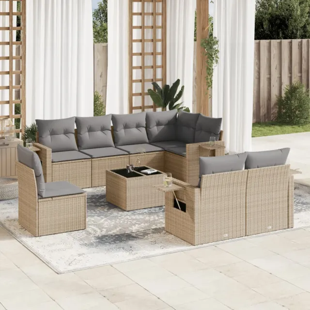 vidaXL 9-delige Loungeset met kussens poly rattan beige, foto 2
