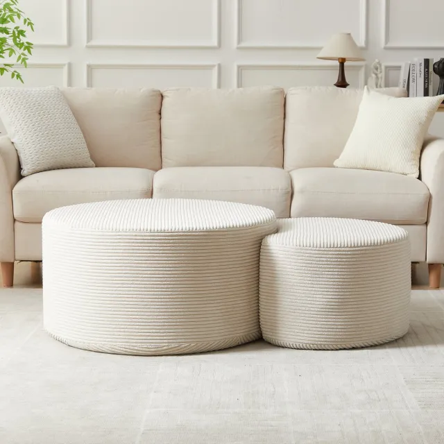 MODFU 2-Delig Salontafelset - Gestoffeerd En Rond - Modern - Voor Woonkamer - Stof - Beige