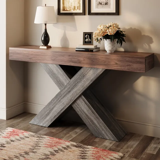 MODFU Sidetable - X-Vormige Steun - Industrieel - Hal - Spaanplaat - Walnoot - 140 X 30 X 80 Cm Walnut
