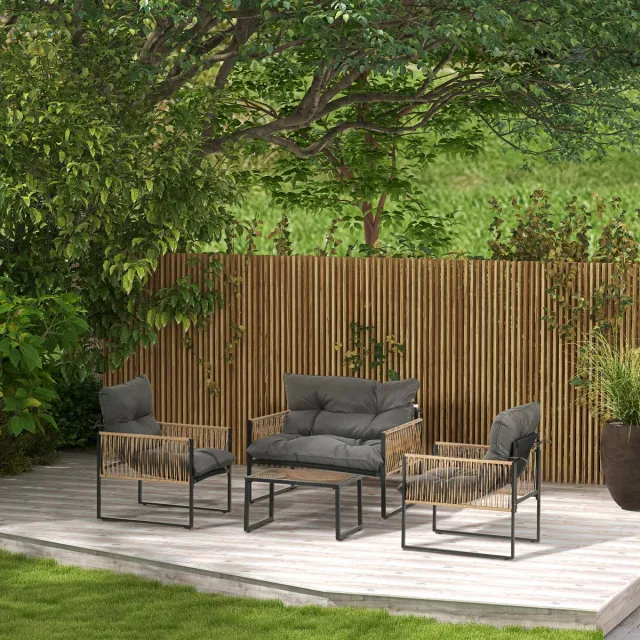 MODFU 4-Delige Tuinset - Met Bank, 2 Stoelen En Salontafel - Voor Tuin Of Veranda - Polyrattan - Donkergrijs
