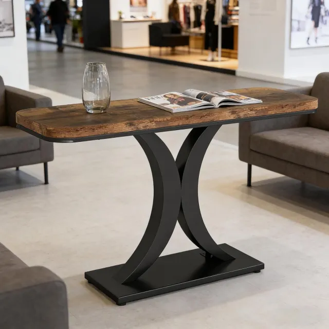 MEUNIQ Sidetable 100 x 30 x 82,5 cm – industriële consoletafel met bruin houtlook blad, zwart metalen onderstel en afgeronde rand voor hal of woonkamer