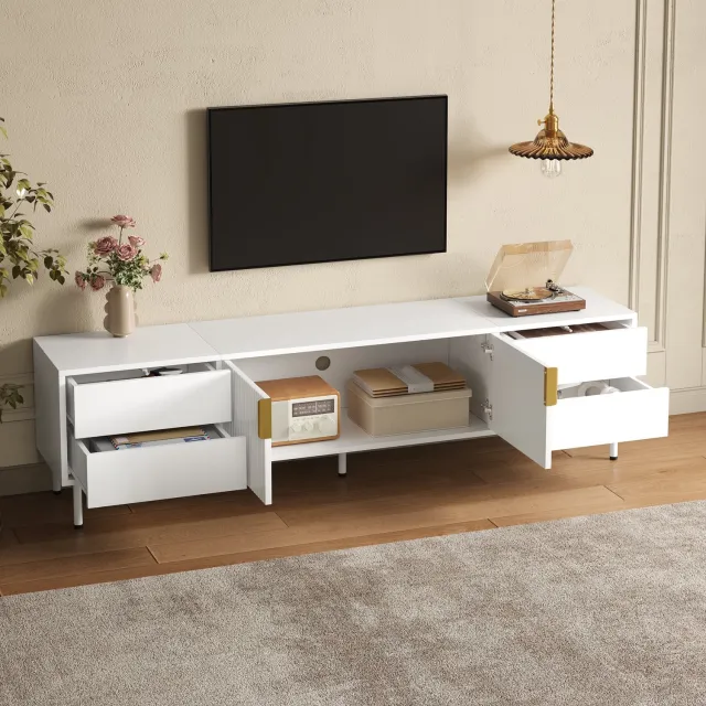 HAUSS SPOLE Tv-meubel - Vier Laden En Geribbelde Dubbele Deuren - Kabeldoorvoer Voor Woonkamer - Mdf En Spaanplaat - 180x40x49,5 Cm - Wit