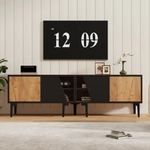 Wishdor Tv-Meubel - 4 Vakken - 7 Pvc-Steunpoten - Natuurlijke Houtkleur Met Zwart - 160 X 36,5 X 45 Cm