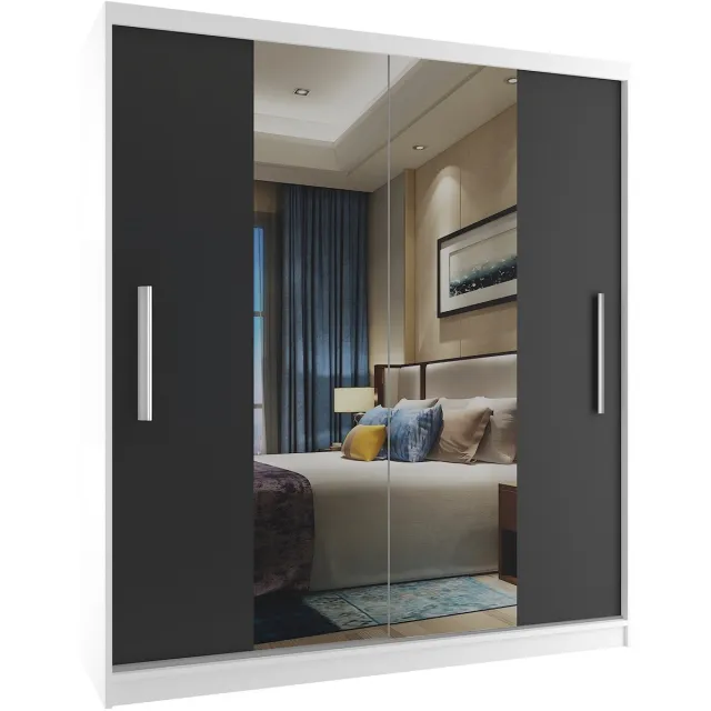 B BELINI GROUP BELINI Verona ME Schuifdeurkast 133 cm Wit/Zwart Mat - Kledingkast met Spiegel - Comfort Line Slaapkamerkast