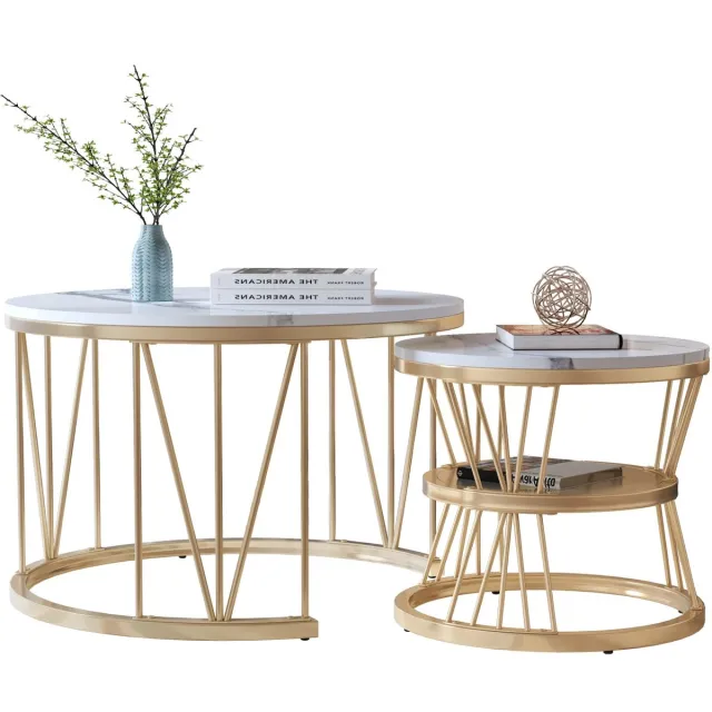 G&G set salontafel en bijzettafel - Bijzettafeltjes - Koffietafel - Woonkamer - Rond - Marmer - Metaal - Verstelbaar - Wit - Goud