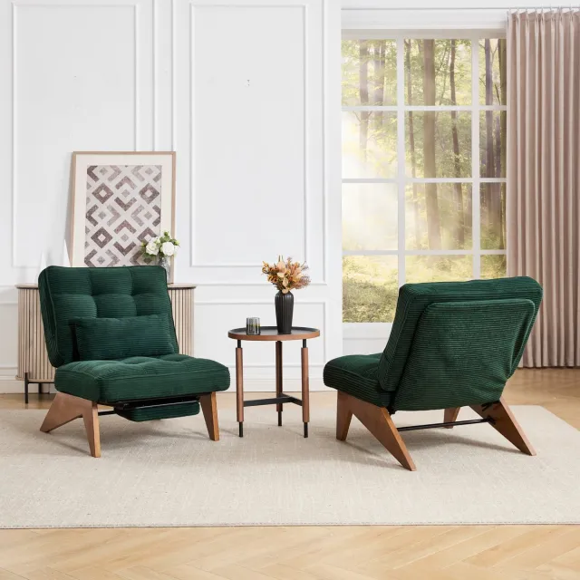 MODFU Verstelbare Relaxfauteuil - Corduroy - Groene - Voetsteun - Lendenkussen - Houten Poten Emerald