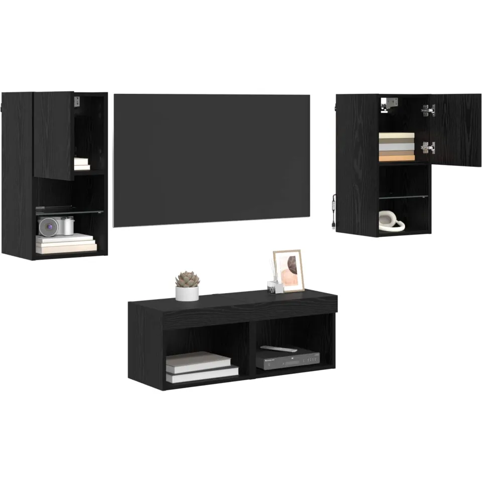 vidaXL TV Wandkasten 4 st Zwart Eiken Bewerkt hout