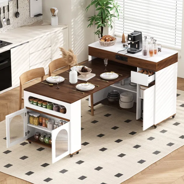 DESMIU Eettafel - Uitschuifbaar Keukeneiland Met Wielen En Stopcontact - Voor Keuken En Eetkamer - MDF - 137,5x110,5x95,5 Cm - Wit Walnoot