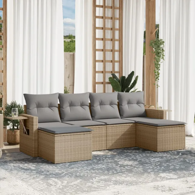 vidaXL 6-delige Loungeset met kussens poly rattan beige, foto 2