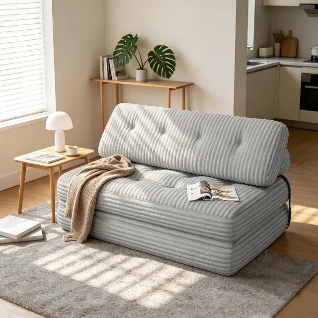 Bealife AR33 Slaapbank - Opvouwbaar - 2 Persoons Vouwbank- Corduroy - Zacht - Voor woonkamer en slaapkamer – Grijs