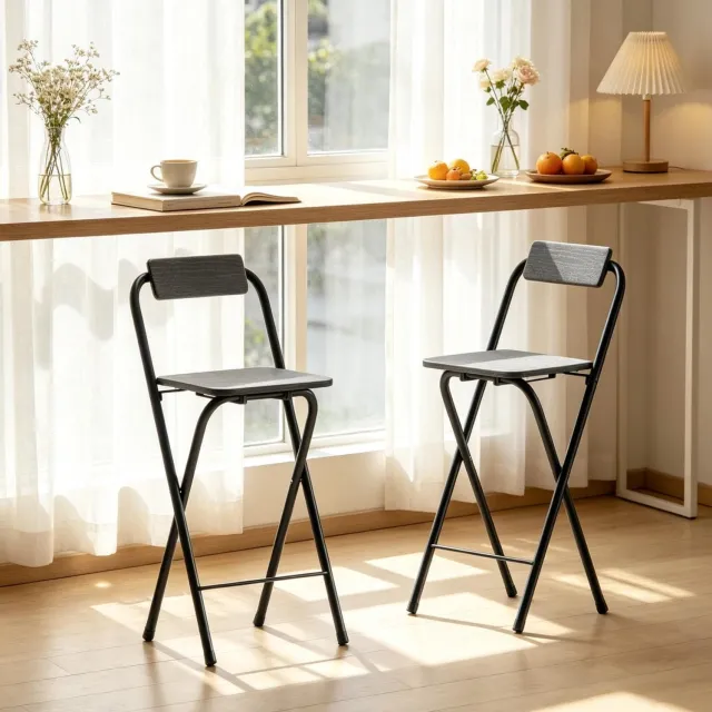 STILVORA Barkruk - Set Van 2 - Opklapbaar Met Rugleuning En Voetsteun - Voor Keuken En Bar - Stalen Frame En MDF - Zwart