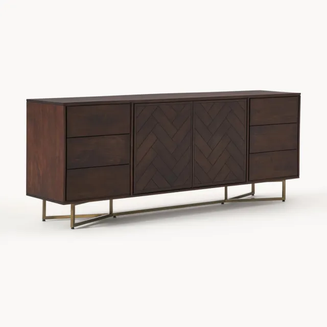 Westwing Collection XL-dressoir Luca van mangohout met visgraat-patroon Goudkleurig