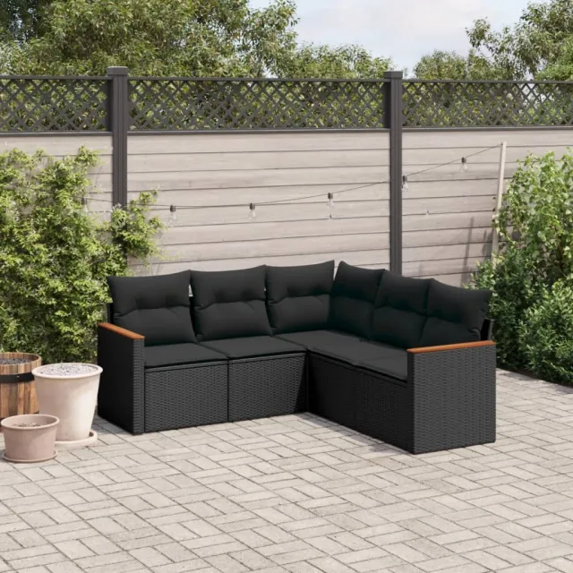 vidaXL 5-delige Loungeset met kussens poly rattan zwart, foto 2