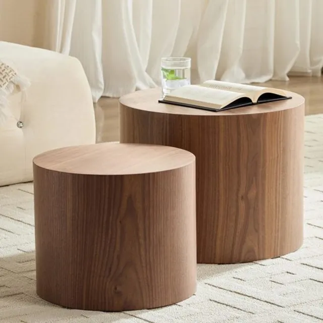 NJLyuhome Houtcollectie - 2-delig bijzettafel set - Rond & stapelbaar - MDF met houtfineer - Ø38/32 cm, hoogte 48/38 cm walnootkleur