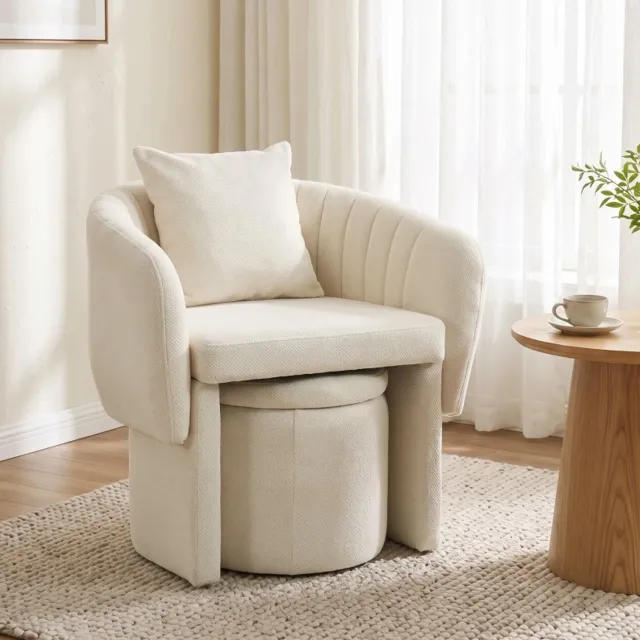 MODENUIT Relaxfauteuil 72 x 62 x 70 cm - Met Hocker en Lendenkussen - Voor de Woonkamer - Chenille - Beige