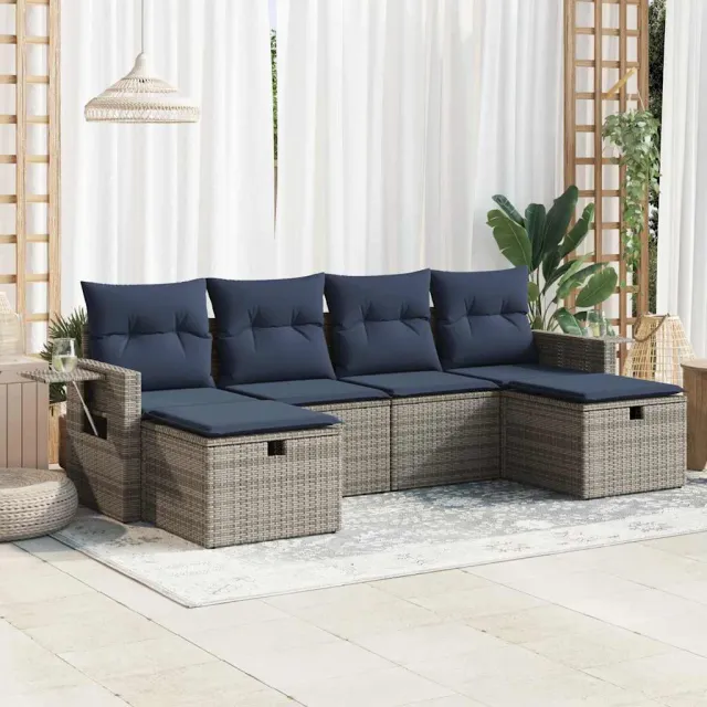 vidaXL 6-delige Loungeset met kussens poly rattan grijs