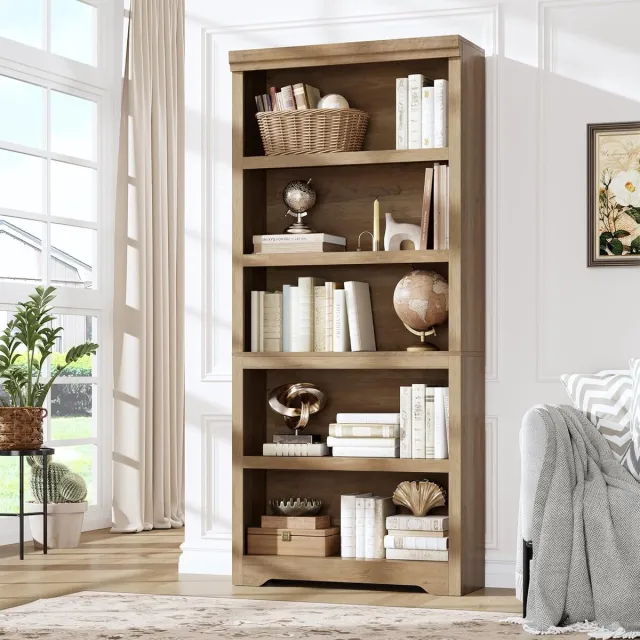 Garvee Boekenkast - Boekenkast met 5 planken - Boekenkast in landhuisstijl van 175 cm hoog - met verstelbare planken, open opbergrek met antislipontwerp - 175 × 80 × 30 cm houtkleur