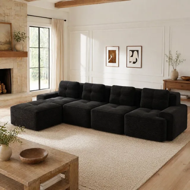 MEUNIQ Hoekbank 4-zits 382 x 177 x 69 cm modulair, met chaise longue links, corduroy bekleding, lage zithoogte, zwart voor de woonkamer