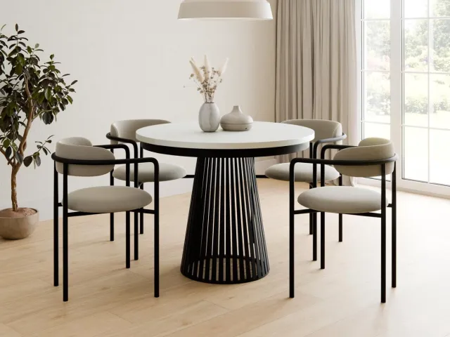 Compleo24 Ronde Eettafel- met lattenbodem-moderne ronde Eettafel- Wit+Schwarz- 100-180cm- Eettafel met geribbelde basis