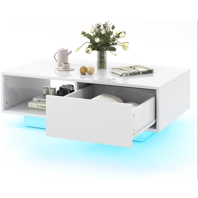 Costway Salontafel met 20 kleuren led-lampjes en afstandsbediening, bijzettafel, rechthoekig, theetafel, modern, woonkamertafel, wit, 95 x 55 x 31 cm