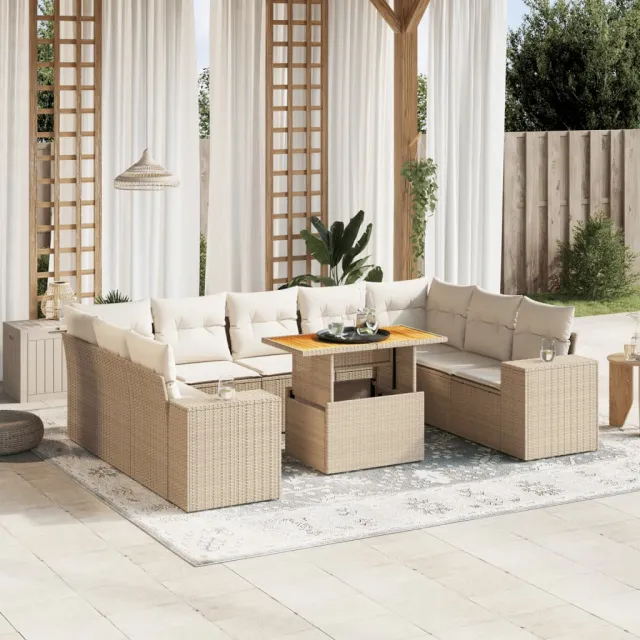 vidaXL 10-delige Loungeset met kussens poly rattan beige, foto 2