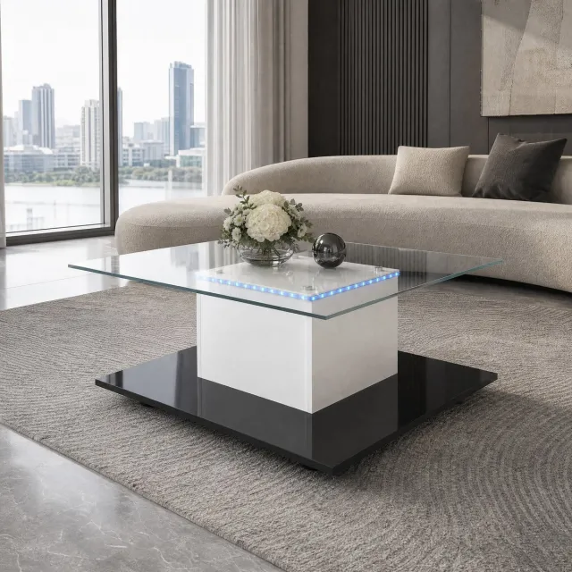 MEUNIQ Salontafel 80 x 80 x 40 cm met gehard glazen blad, instelbare ledverlichting, zwenkwielen met rem en hoogglans afwerking voor woonkamer, wit en zwart
