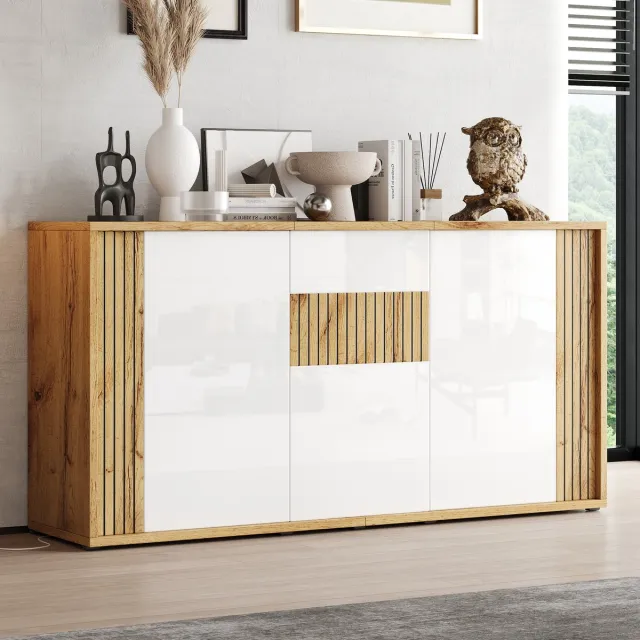 STILVORA Dressoir Met 3 Deuren En Druk Open Systeem Modern Hoogglans Opbergkast Met 6 Vakken Voor Woonkamer Eetkamer En Hal Hout Wit 140x35x71 Cm Wit + naturel houtkleur