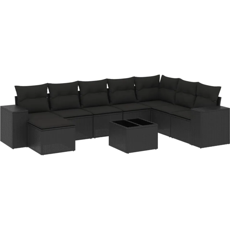 vidaXL 9-delige Loungeset met kussens poly rattan zwart, foto 3