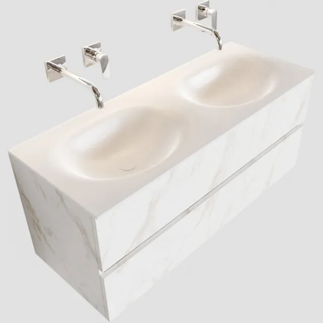 Boss & Wessing Badkamermeubel BWS Madrid Carrara Mat 120 cm Solid Surface Wastafel Dubbel (0 kraangaten, 2 lades)