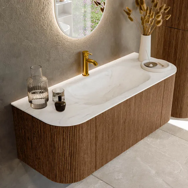 Mondiaz KURVE-DLUX 120 cm Onderkast Greeploos 1 Lade Met Deuren Walnut, Wastafel Solid Surface Midden Ostra 1 Kraangat Zonder Spiegel (KRVBGS120L+R1L2D1KM-Wal/Ost)