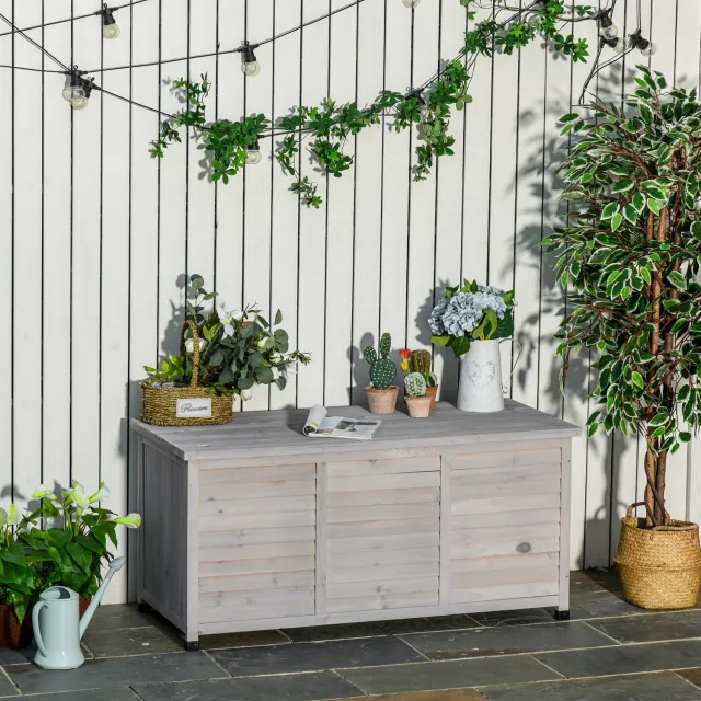 CHICFURN Kussenbox - Opbergruimte - Opklapbaar deksel - Latten - Lichtgrijs