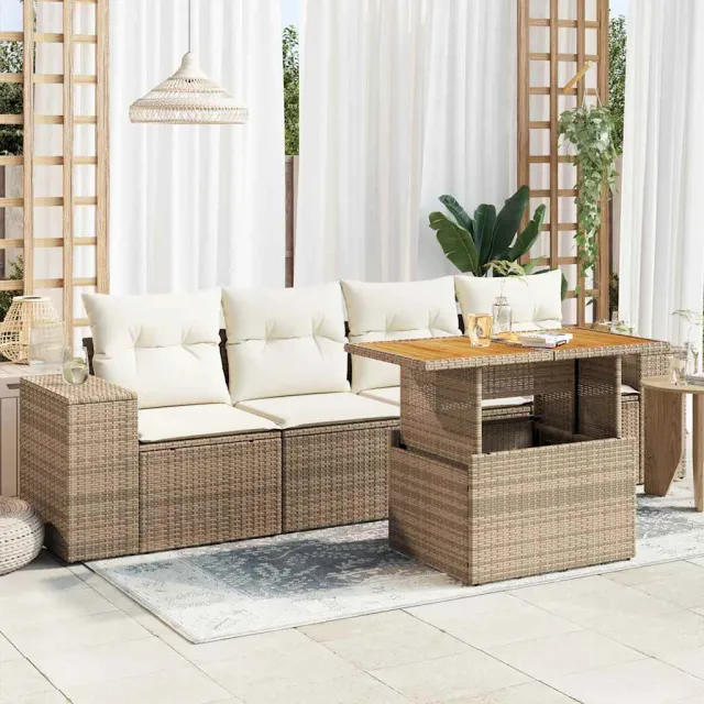 vidaXL 5-delige Loungeset met kussens poly rattan beige, foto 2
