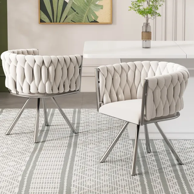 Wishdor Eetkamerstoel set van 2 - Kuipstoel met armleuningen - 360° draaibaar - Modern ontwerp voor eetkamer woonkamer - Velvet - Beige zilver - 59 x 54 x 72 cm