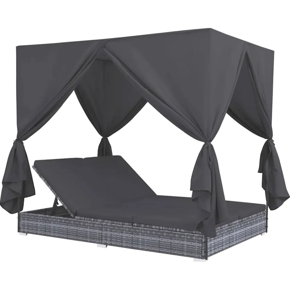 vidaXL Loungebed met gordijnen poly rattan grijs, foto 3