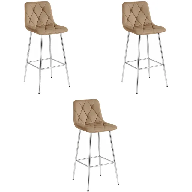 LEOBERT Set van 3 Barkrukken NADO – Bruin Velvet / Fluweel – Gestoffeerde Barstoelen met Rugleuning en Voetsteun – Verchroomde Metalen Poten – Modern Design – Voor Keukeneiland, Keuken, Bartafel en Thuisbar