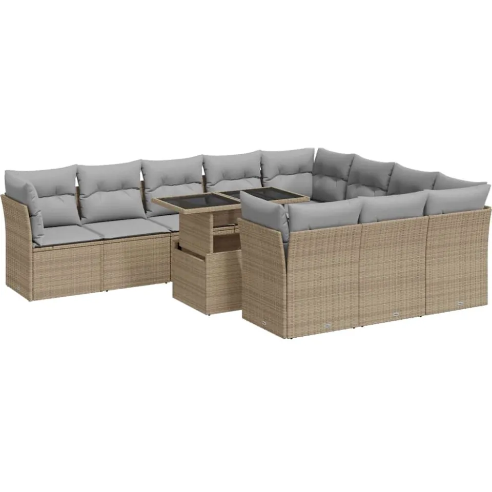 vidaXL 11-delige Tuinset met kussens poly rattan beige, foto 3