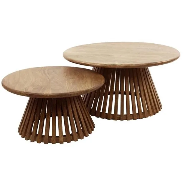 Industrieel In Huis Luxe Salontafelset Rond set van 2 Mangohout - Bijzettafels Set van 2 - Salontafel Zwart Rond - Bijzettafeltjes Woonkamer - Salon Tafel Mangohout Rond - Salontafel industrieel Landelijk - Tafeltje Set 2 stuks Hout kleurig - 80cm