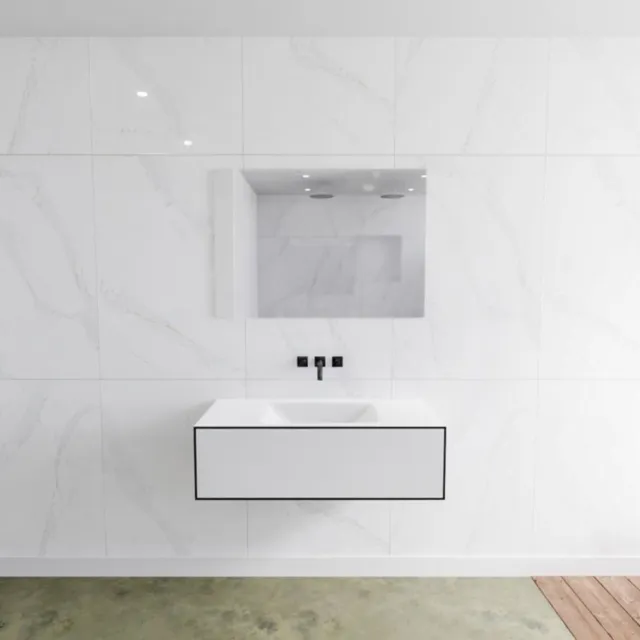 Mondiaz Badkamermeubelset Mondiaz LAGOM 100 cm met Gecentreerde Wastafel Solid Surface Zonder Kraangaten Mat Wit (1 lade)