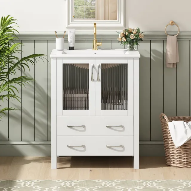 STILVORA Wastafelmeubel 61 Cm - Hoogglans Wit Met Keramische Wastafel En Riffelglas Deuren - Vrijstaand Badkamermeubel Met 2 Lades - 61x47x86 Cm