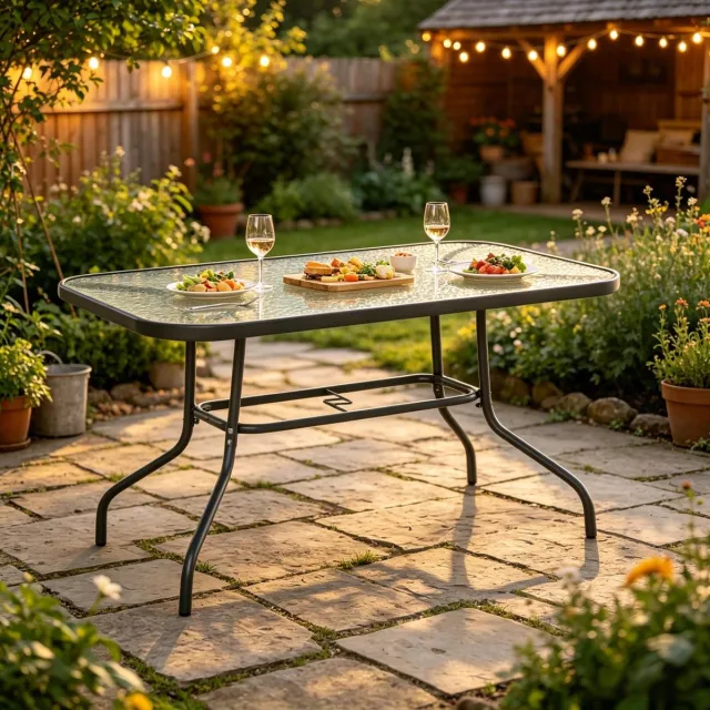 OKWISH Tuintafel 120 x 80 x 70 Cm - Rechthoekige Eettafel Met Parasolgat - Voor Tuin En Terras - Metaal En Gehard Glas - Grijs
