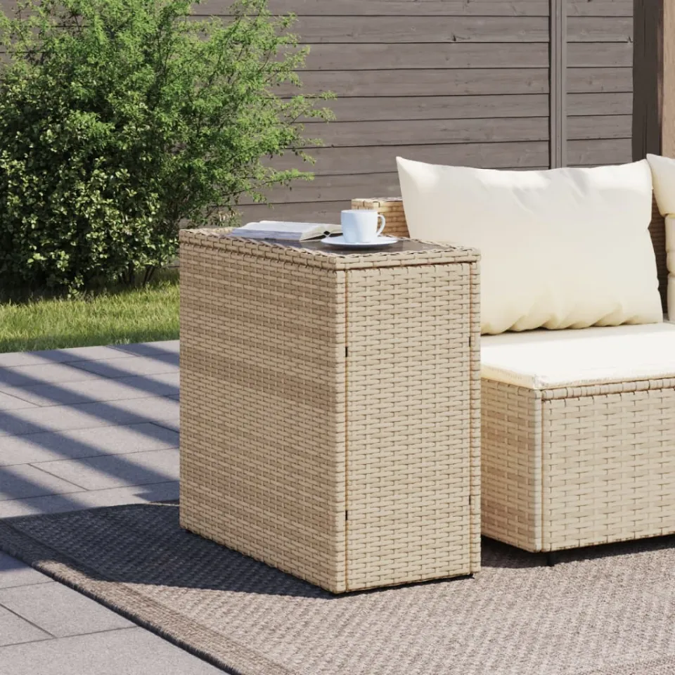 vidaXL Tuinbijzettafel met glazen blad 58x27,5x55 cm poly rattan beige, foto 3