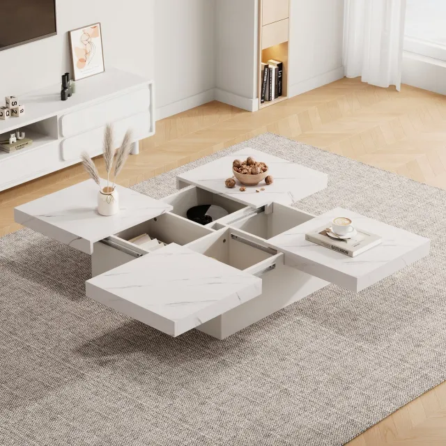 Clruro Moderne Witte Vierkante Salontafel met Marmer Effect - 90x90x25 cm - 4 Lades - Verplaatsbaar Tafelblad - Belastbaar tot 30 kg