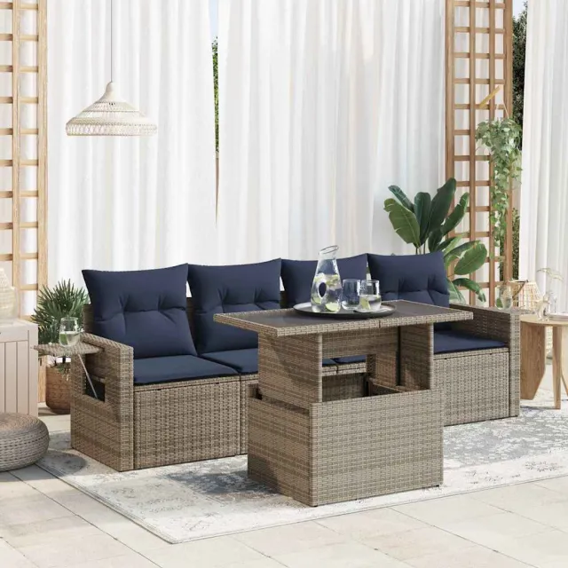 vidaXL 5-delige Loungeset met kussens poly rattan grijs, foto 2