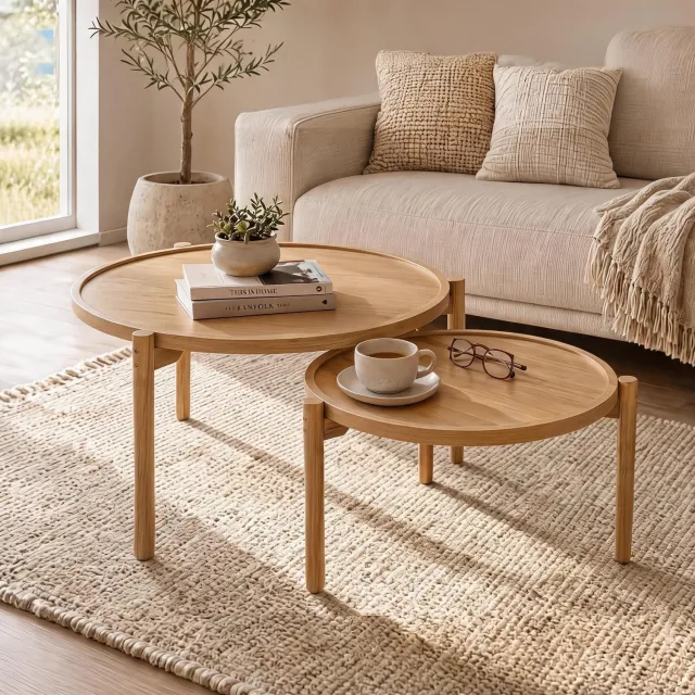 Triumpunpre Salontafel Set van 2 / Ronde Nesting Bijzettafels - Natuurlijk Hout - 60 x 60 x 48 cm - Ruimtebesparend & Veelzijdig - Voor Woonkamer, Slaapkamer & Balkon