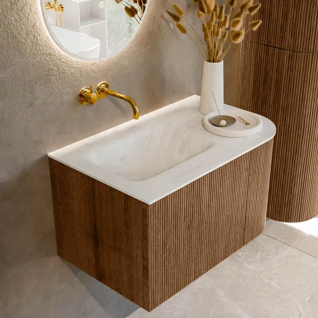 Mondiaz KURVE-DLUX 75 cm Onderkast Greeploos 1 Lade Met Deuren Walnut, Wastafel Solid Surface Links Opalo 0 Kraangaten Zonder Spiegel (KRVGRU75R1L1D0KL-Wal/Opa)