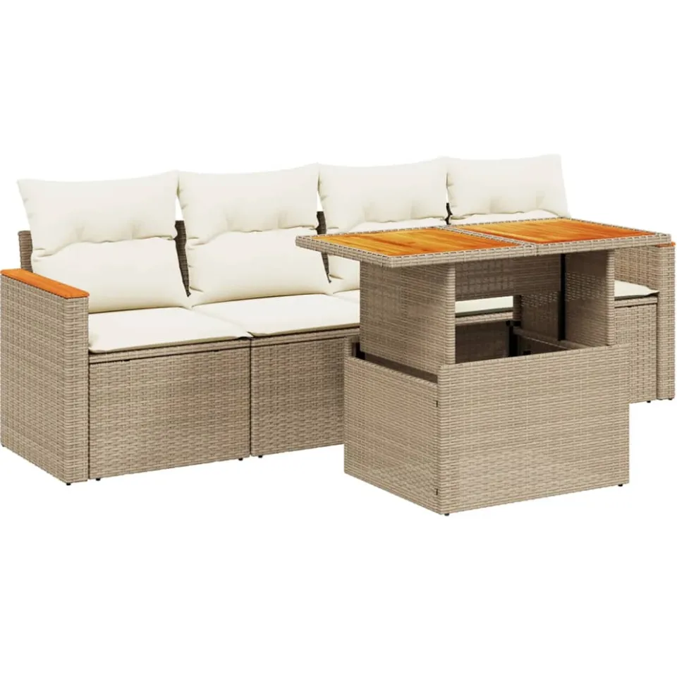 vidaXL 5-delige Loungeset met kussens poly rattan beige, foto 3