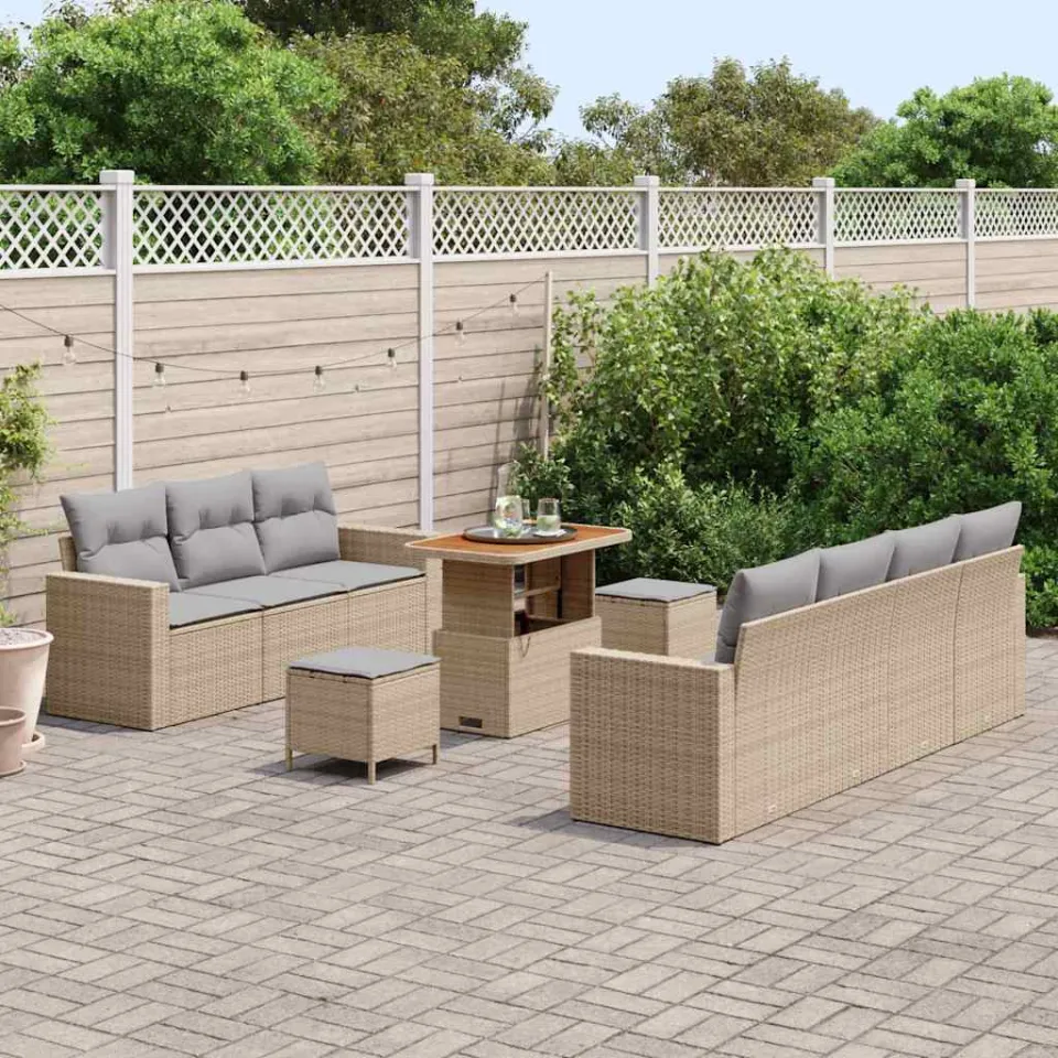 vidaXL Tuin Sofa Set met kussen met opslag 10 pcs Beige poly rattan, foto 3