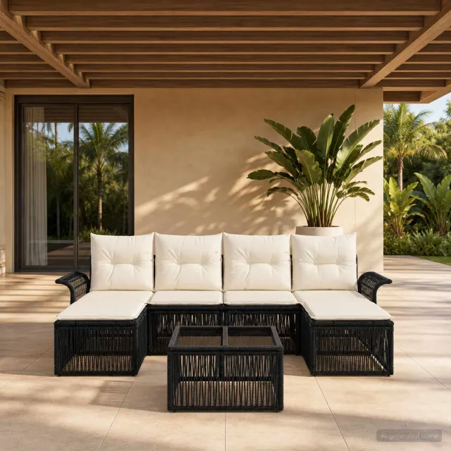 vidaXL Tuinbankenset 7 st 6-zits Zwart poly rattan