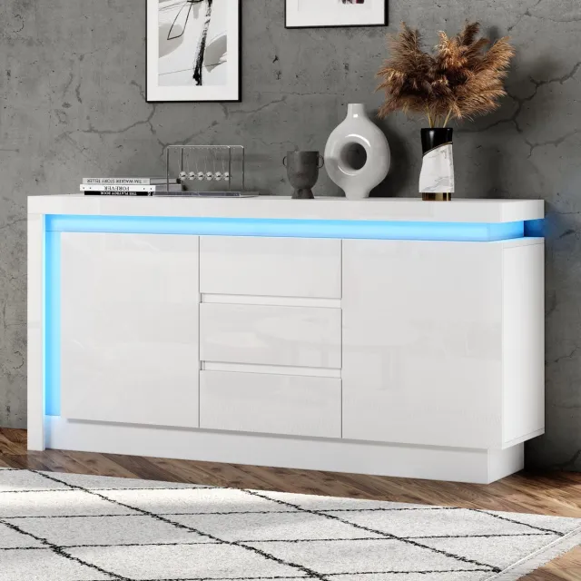 HAUSS SPOLE Dressoir - Hoogglans Opbergkast Met Led En 3 Laden - 2 Deuren Voor Woonkamer En Slaapkamer - Spaanplaat - 140x35x72 Cm - Wit